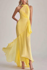 Dressystars Sheath Chiffon Light Yellow Halter Neck Long Formal Dress