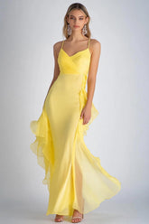 Dressystars Sheath Chiffon Light Yellow Spaghetti Straps Long Formal Dress