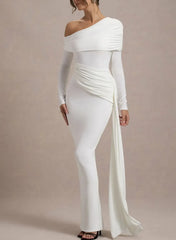Dressystars Sheath Column Asymmetrical Long Sleeves Floor Length Jersey Wedding Dress with Side Drape