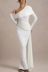 Dressystars Sheath Column Asymmetrical Long Sleeves Floor Length Jersey Wedding Dress with Side Drape