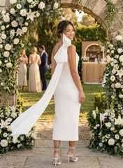Dressystars Sheath Column One Shoulder Sleeveless Ankle Length Elastic Satin Wedding Dress with Bow and Side Drape