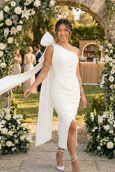 Dressystars Sheath Column One Shoulder Sleeveless Ankle Length Elastic Satin Wedding Dress with Bow and Side Drape