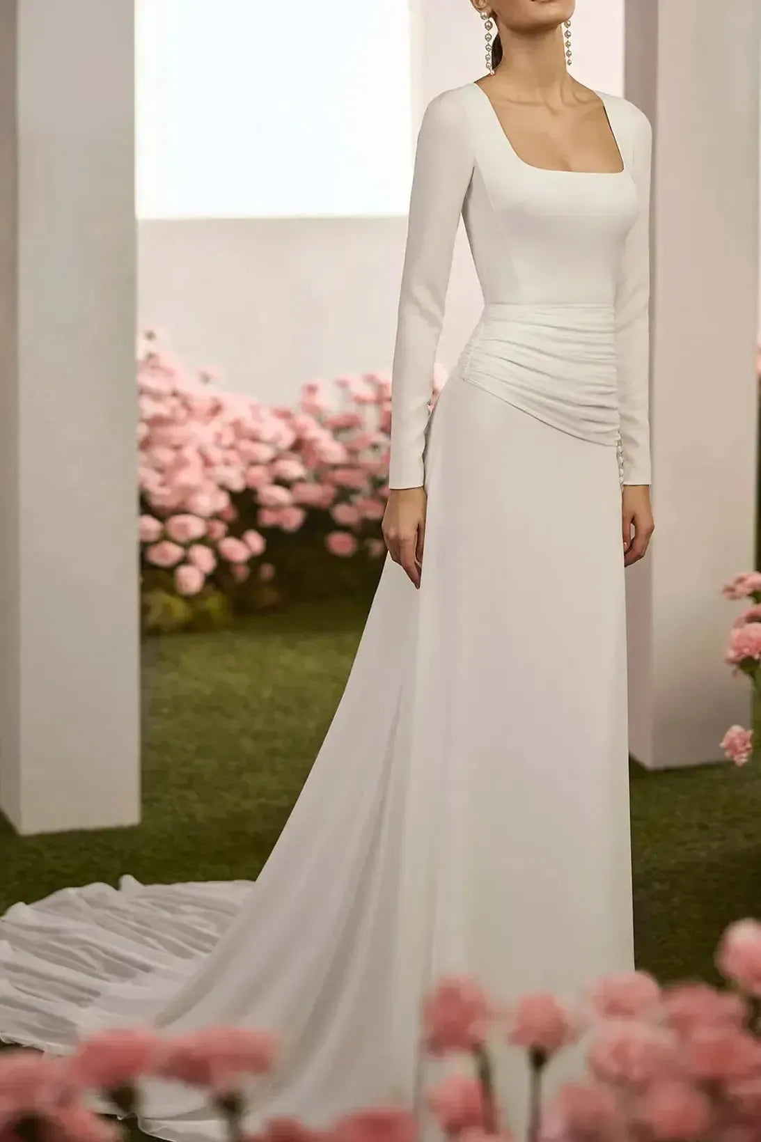 Dressystars Sheath Column Square Neckline Long Sleeves Chapel Train Crepe Satin Wedding Dress