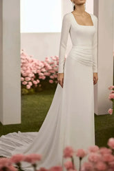Dressystars Sheath Column Square Neckline Long Sleeves Chapel Train Crepe Satin Wedding Dress