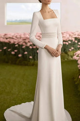 Dressystars Sheath Column Square Neckline Long Sleeves Chapel Train Elastic Satin Wedding Dress
