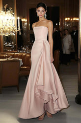 Dressystars Sheath Pink Wedding Guest Dress Strapless Satin Ruffled Gala Dress