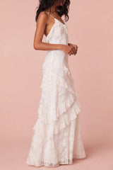 Dressystars Sheath Spaghetti Straps Beach Wedding Dress Backless Long Dress With Ruffles Graduation Dress