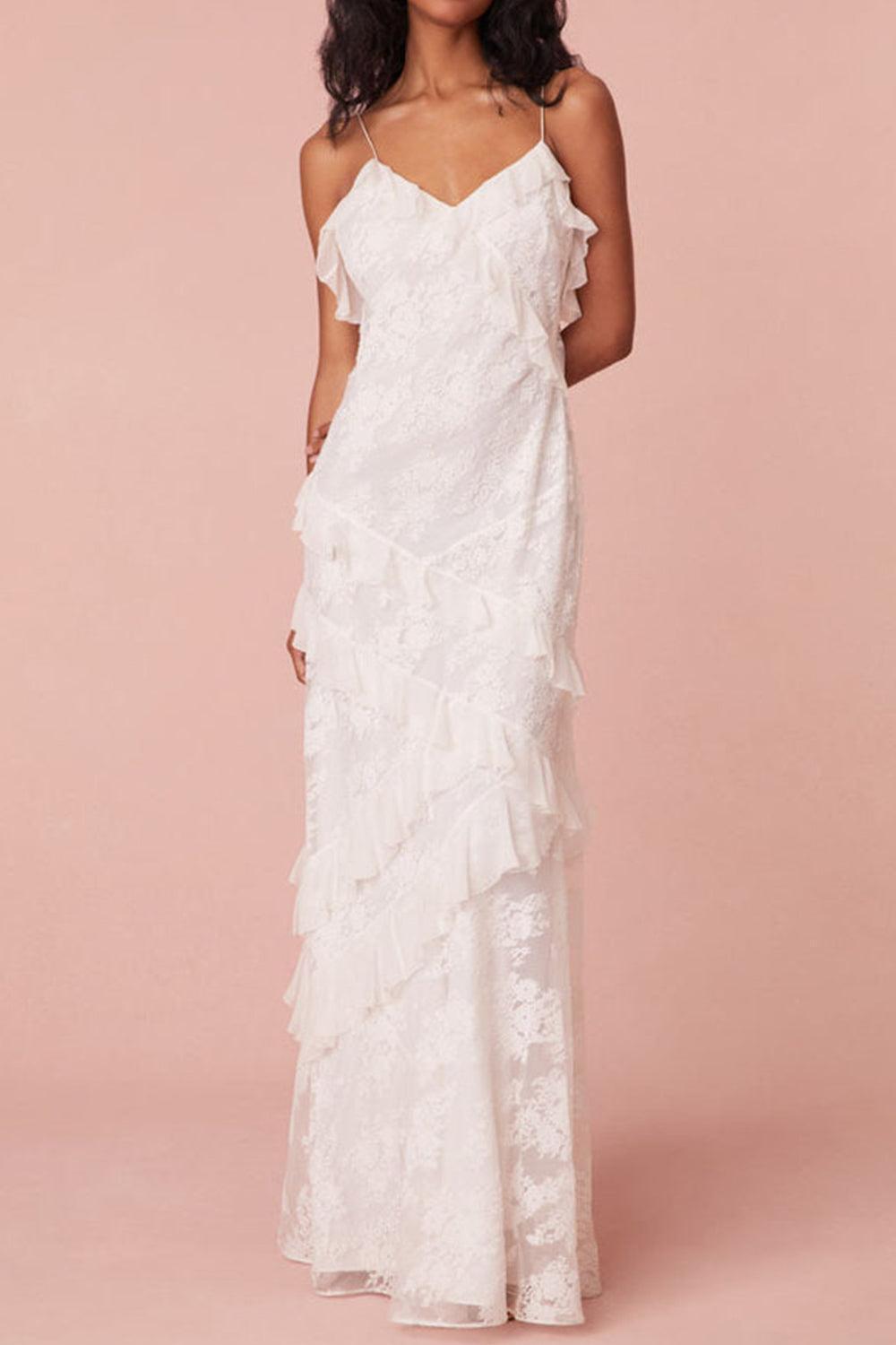 Dressystars Sheath Spaghetti Straps Beach Wedding Dress Backless Long Dress With Ruffles Graduation Dress