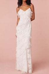 Dressystars Sheath Spaghetti Straps Beach Wedding Dress Backless Long Dress With Ruffles Graduation Dress