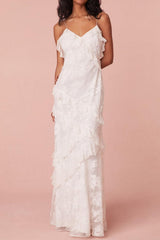 Dressystars Sheath Spaghetti Straps Beach Wedding Dress Backless Long Dress With Ruffles Graduation Dress