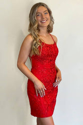 Dressystars Sheath Spaghetti Straps Red Homecoming Dress Short Prom Dress with Appliques