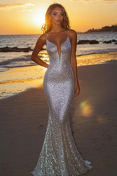 Dressystars Silver Glitter Mermaid Backless Long Prom Dress With Deep V Neck Formal Evening Gown
