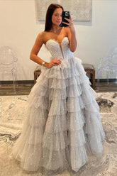 Dressystars Silver Sparkling A-Line Sweetheart Ruffle Layer Prom Ball Gown Formal Evening Gown