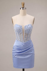 Dressystars Sky Blue Beaded Strapless Tight Short Corset Homecoming Dress