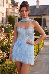 Dressystars Sky Blue Corset Tiered Sequin Ruffled Short Homecoming Dress