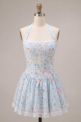 Dressystars Sky Blue Floral A Line Halter Corset Short Homecoming Dress with Lace