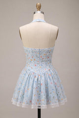 Dressystars Sky Blue Floral A Line Halter Corset Short Homecoming Dress with Lace