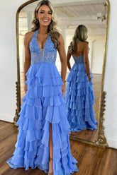 Dressystars Sky Blue Prom Dress Ruffled Halter Corset Formal Dress With Slit