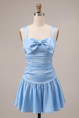 Dressystars Sky Blue Satin Ruched A Line Short Homecoming Dress with Bow