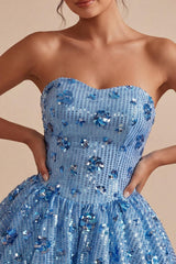 Dressystars Sky Blue Strapless Sequin Floral A-Line Short Homecoming Dress