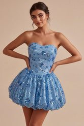 Dressystars Sky Blue Strapless Sequin Floral A-Line Short Homecoming Dress