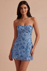 Dressystars Sky Blue Strapless Sequin Floral Tight Short Homecoming Dress
