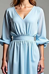 Dressystars Sky Blue Wedding Guest Dress V-Neck Knee-Length Formal Dress With Half Sleeves