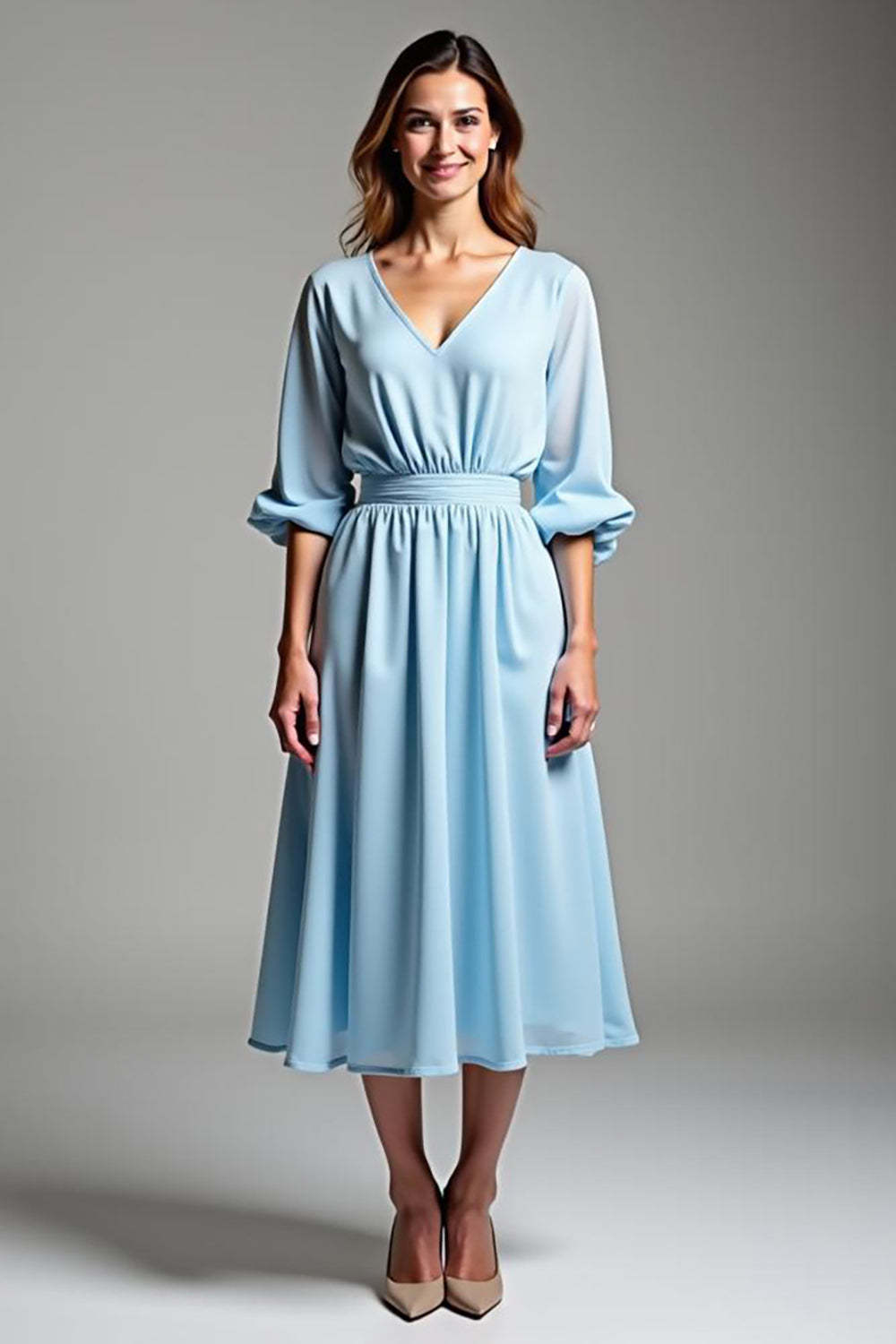 Dressystars Sky Blue Wedding Guest Dress V-Neck Knee-Length Formal Dress With Half Sleeves
