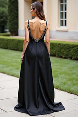 Dressystars Spaghetti Straps A Line Black Wedding Guest Dress Long Formal Dress With Slit