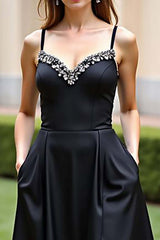Dressystars Spaghetti Straps A Line Black Wedding Guest Dress Long Formal Dress With Slit