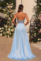 Dressystars Spaghetti Straps Beaded Prom Dress Mermaid Formal Dress with Panel Train