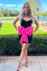 Dressystars Spaghetti Straps Black Homecoming Dress Bodycon Short Prom Dress with Bow