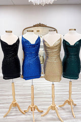 Dressystars Spaghetti Straps Golden Homecoming Dress Bodycon Short Prom Dress with Sequin