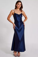 Dressystars Spaghetti Straps Navy Wedding Guest Dress Satin Sheath Long Formal Dress