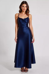 Dressystars Spaghetti Straps Navy Wedding Guest Dress Satin Sheath Long Formal Dress