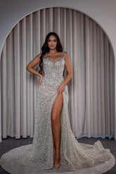 Dressystars Spaghetti Straps Prom Dress Mermaid Sleeveless Formal Dress with Slit