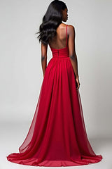 Dressystars Spaghetti Straps Ruched Backless Red Wedding Guest Dress Long Formal Dress