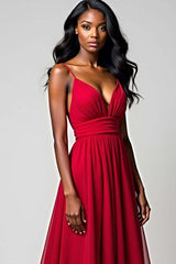 Dressystars Spaghetti Straps Ruched Backless Red Wedding Guest Dress Long Formal Dress