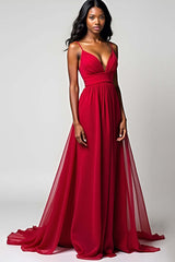 Dressystars Spaghetti Straps Ruched Backless Red Wedding Guest Dress Long Formal Dress
