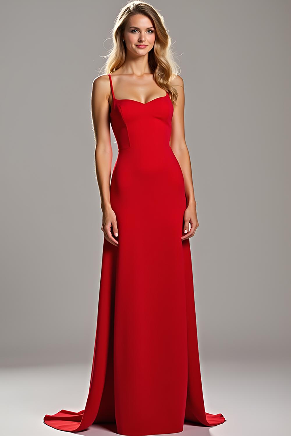 Dressystars Spaghetti Straps Sheath Red Wedding Guest Dress Satin Long Formal Dress