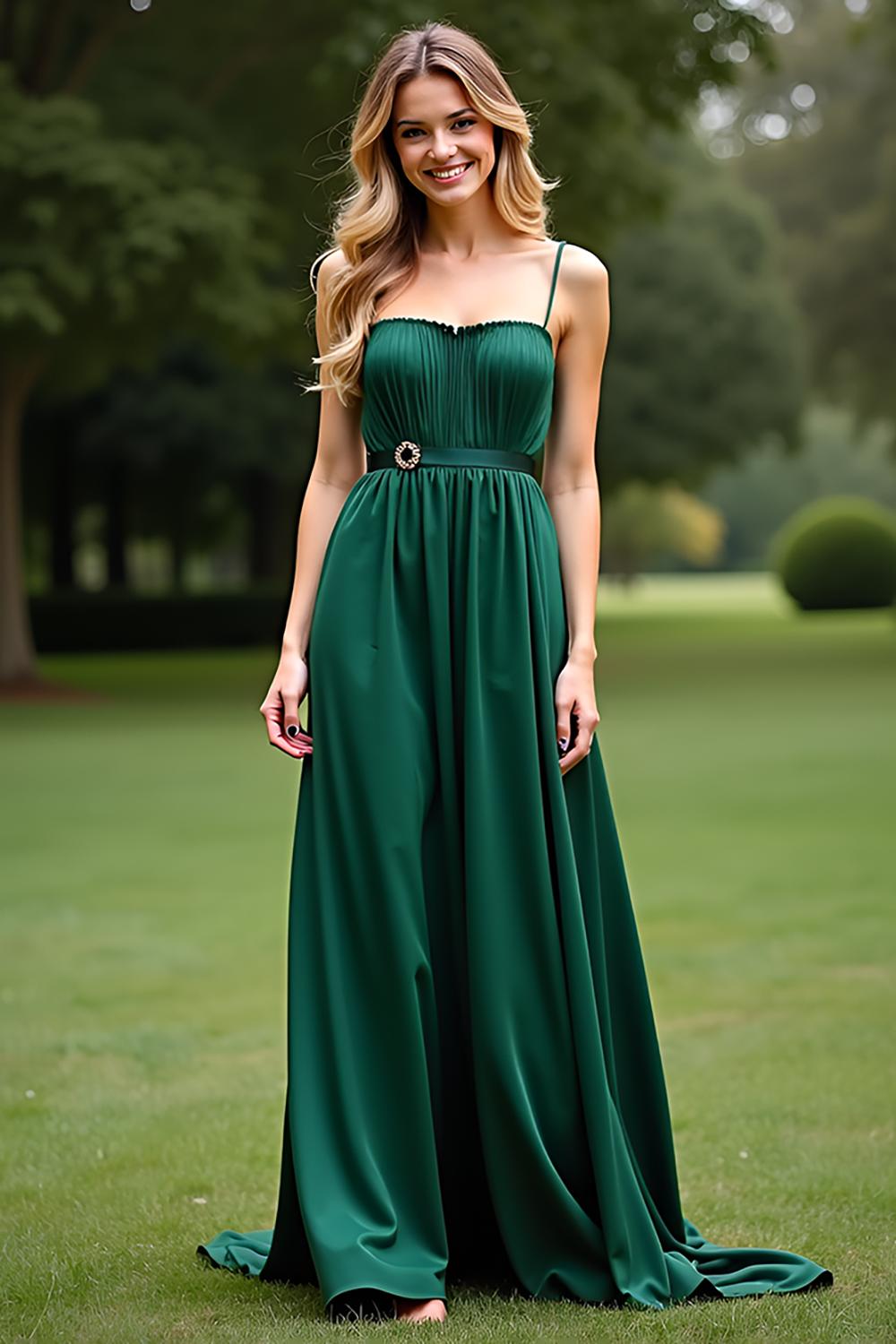 Dressystars Spaghetti Straps Square Neck Dark Green Wedding Guest Dress Long Formal Dress