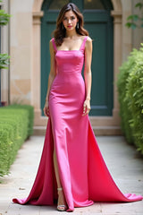 Dressystars Square Neck Satin A Line Fuchsia Wedding Guest Dress Long Prom Dress