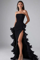 Dressystars Square Neck Satin Black Wedding Guest Dress Long Formal Dress With Slit
