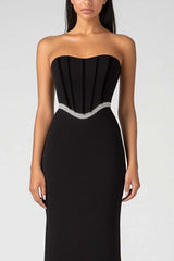 Dressystars Strapless Black Wedding Guest Dress Corset Sheath Long Formal Dress