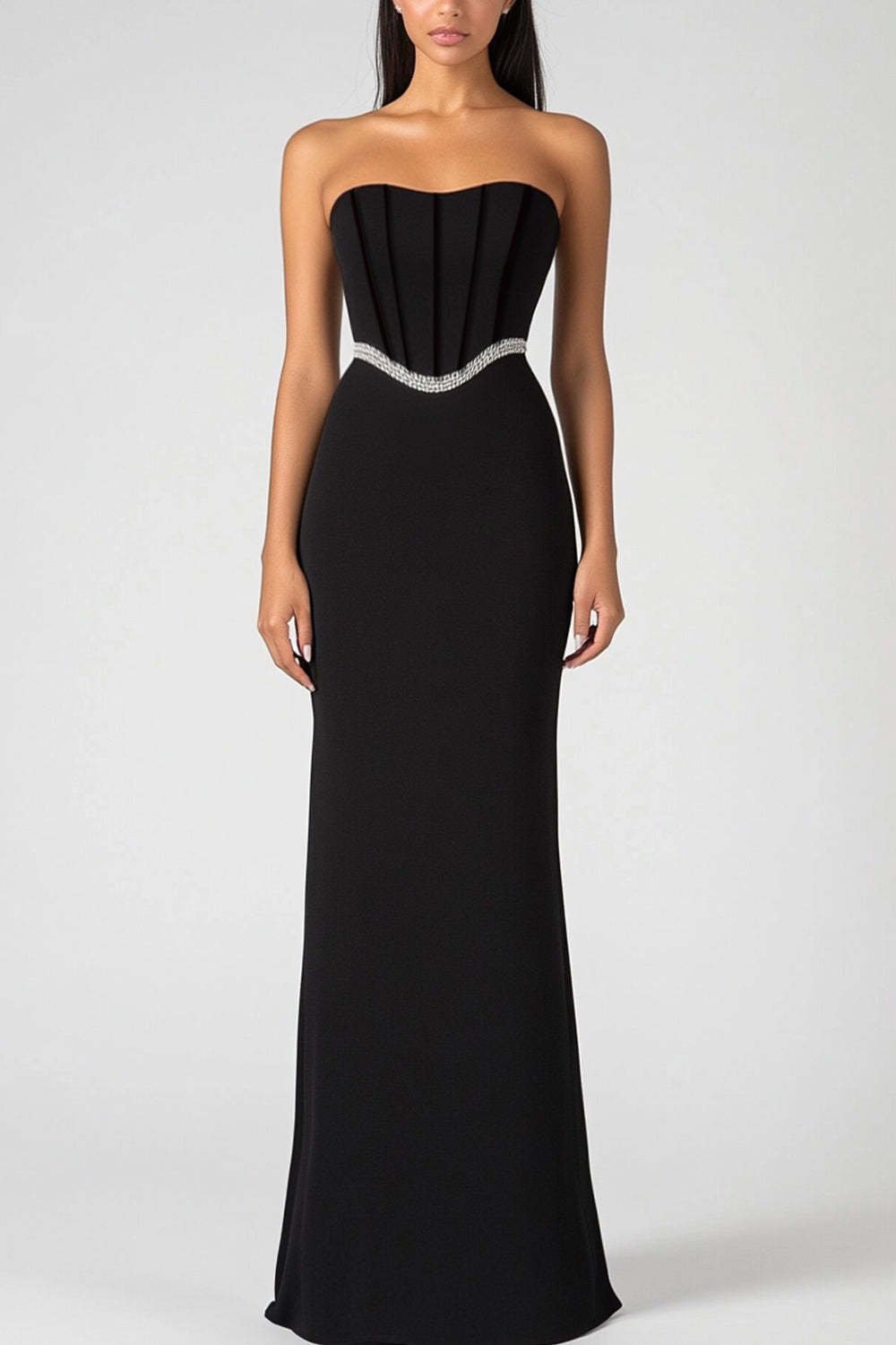 Dressystars Strapless Black Wedding Guest Dress Corset Sheath Long Formal Dress