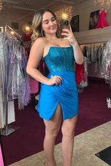 Dressystars Strapless Blue Homecoming Dress Bodycon Corset Short Prom Dress with Beading