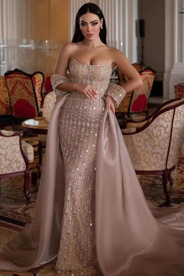 Dressystars Strapless Formal Dress Beaded Tulle Organza Prom Dress with Panel Train