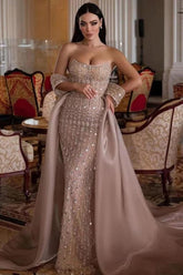 Dressystars Strapless Formal Dress Beaded Tulle Organza Prom Dress with Panel Train