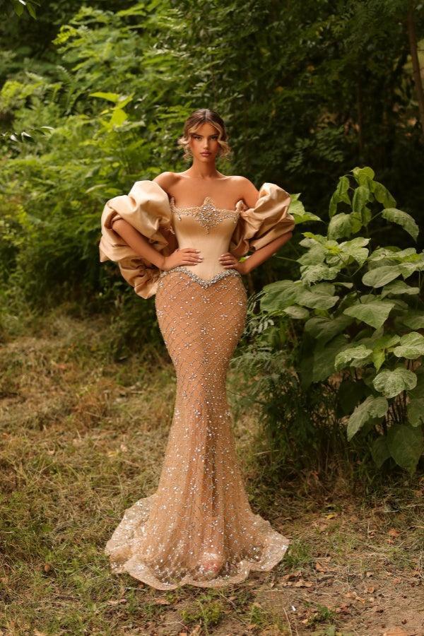 Dressystars Strapless Formal Dress Mermaid Beaded Evening Gown with Sleeves