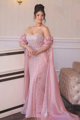Dressystars Strapless Formal Dress Pink Sheath/Column Beaded Prom Evening Gown
